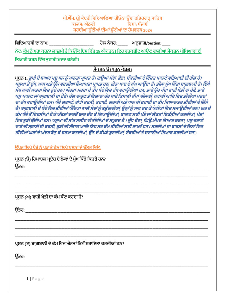 Class 8 Winters Break Punjabi Holidays Homework 2024 | PDF