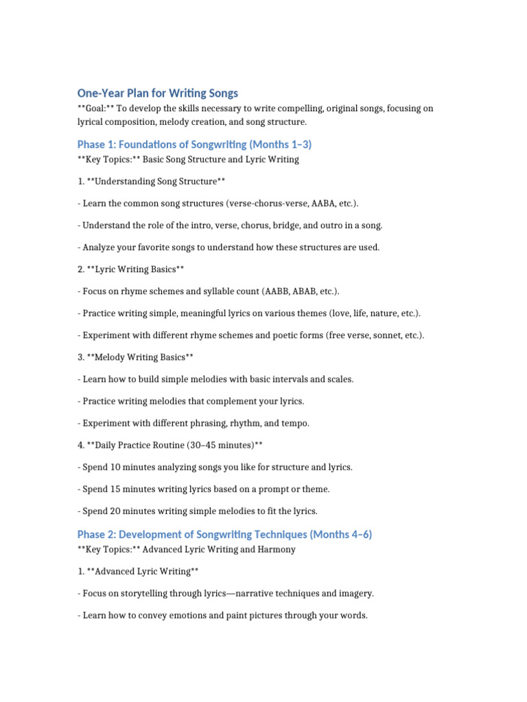 One-Year Songwriting Skill Development | PDF | Song Structure | Music ...