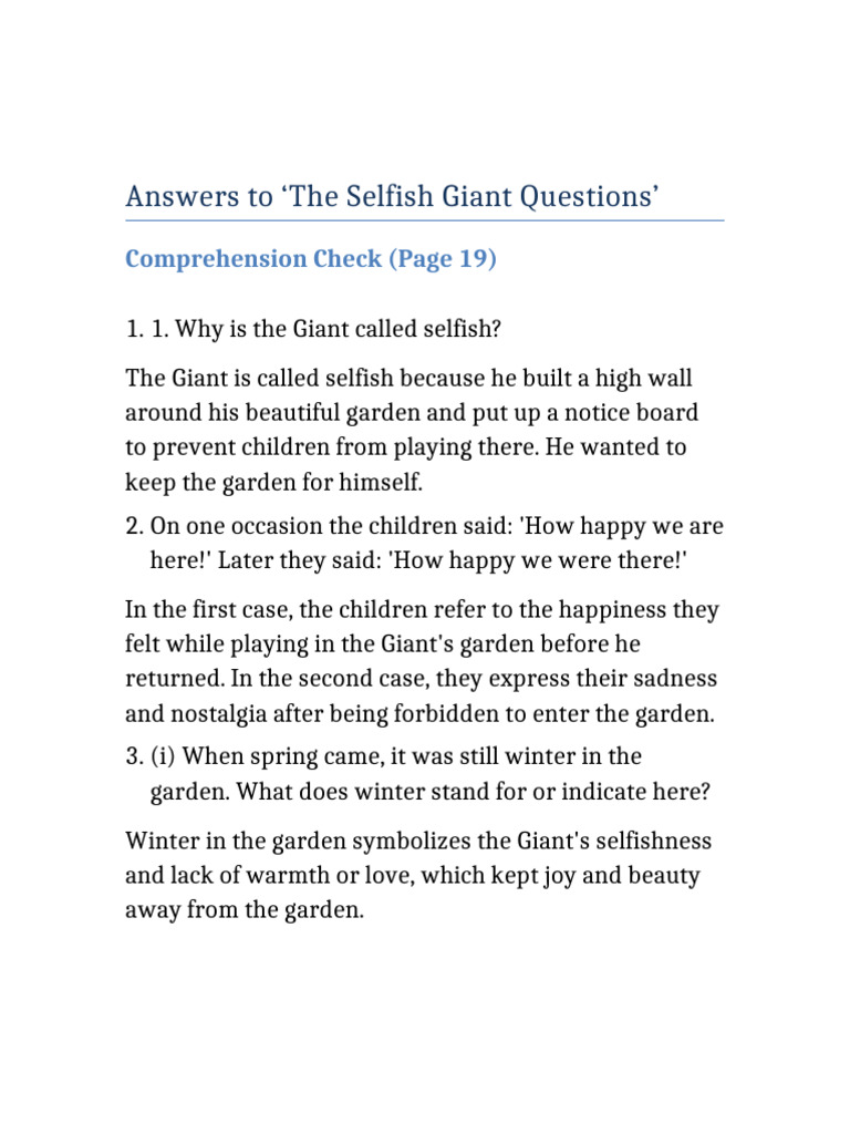 Selfish Giant Questions & Answers Guide | PDF | The Happy Prince And ...