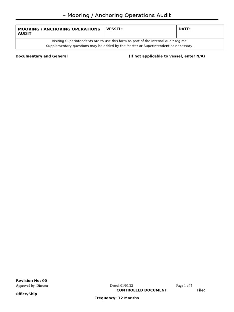 Mooring Operations Audit Checklist | PDF | Anchor | Rope