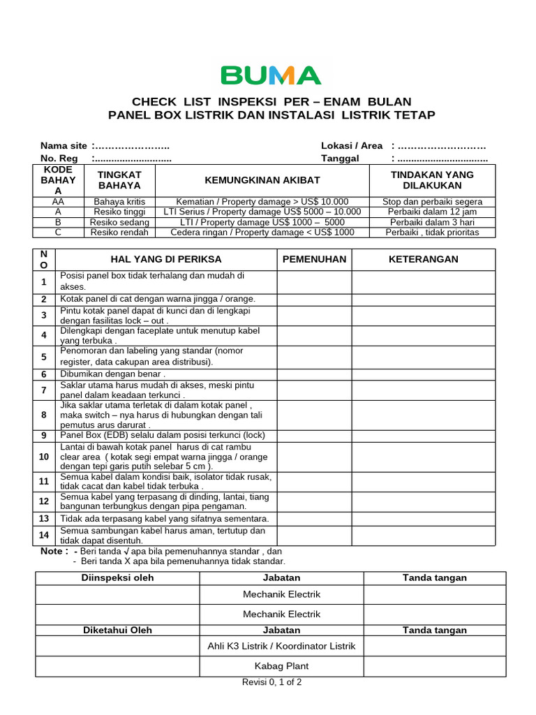 Checklist Inspeksi Panel Listrik Enam Bulan | PDF