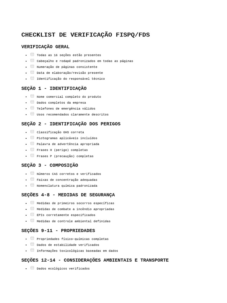 Checklist de Verificação FISPQ/FDS | PDF