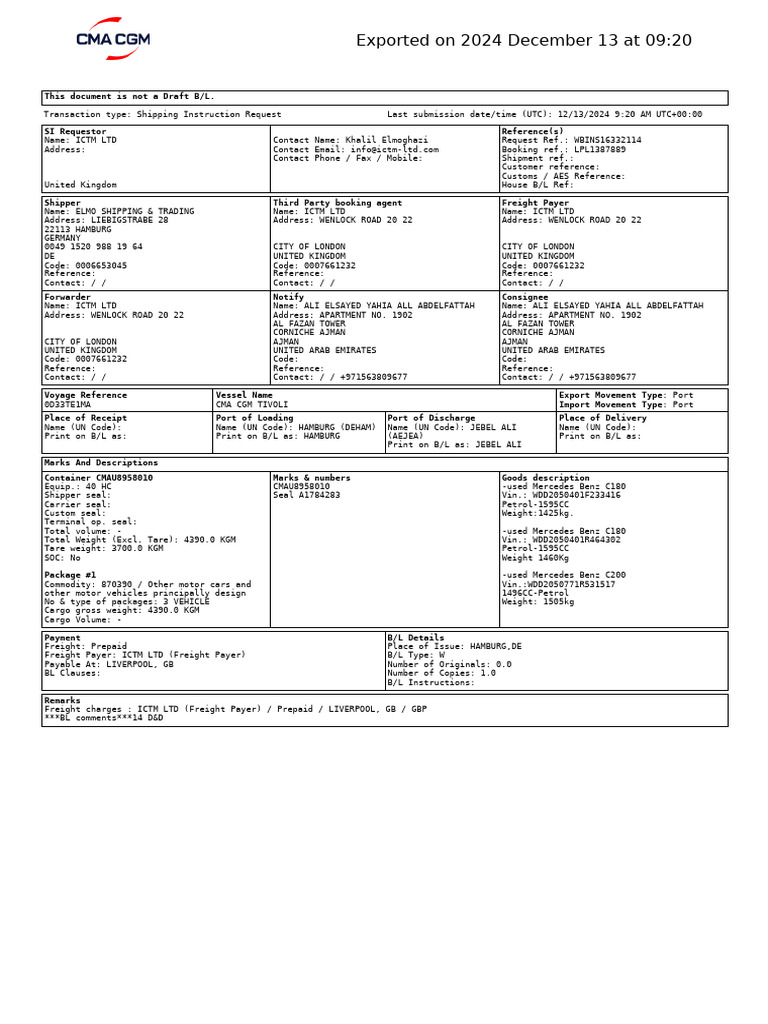 Shipping Instruction Request for Vehicles | PDF | Cargo | Consumer Goods