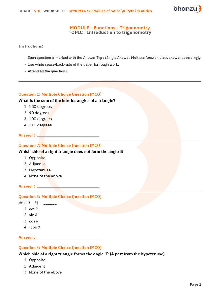 Trigonometry Worksheet for Grades 7-8 | PDF | Trigonometry | Triangle
