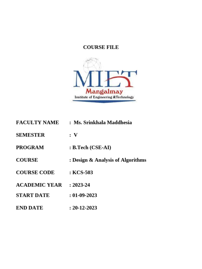COURSE FILE DAA (AI) Attainment | PDF | Time Complexity | Computational ...