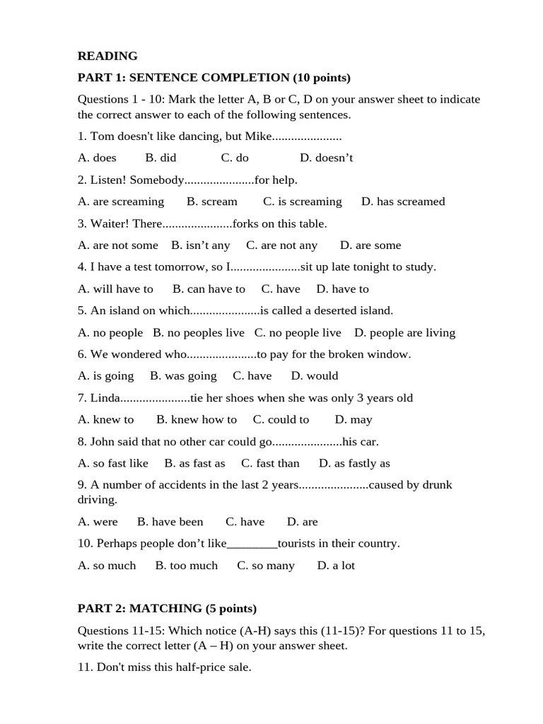 Sentence Completion and Reading Comprehension Test | PDF | Water ...