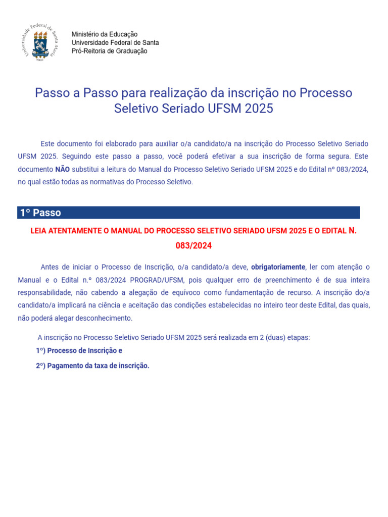 Inscrição Processo Seletivo UFSM 2025 | PDF