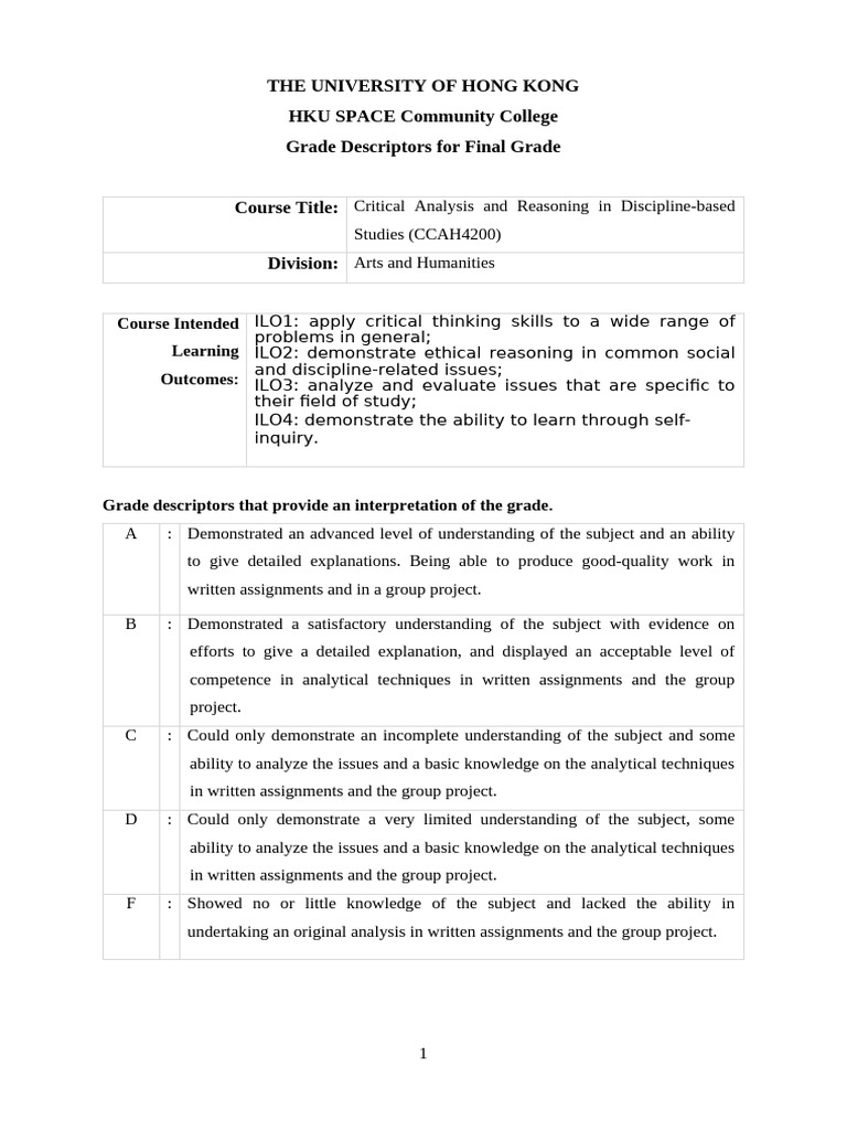HKU SPACE Critical Analysis Grades | PDF
