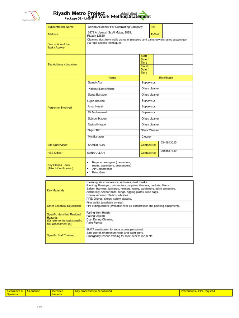 Safe Work Method Statement New | PDF | Personal Protective Equipment | Rope