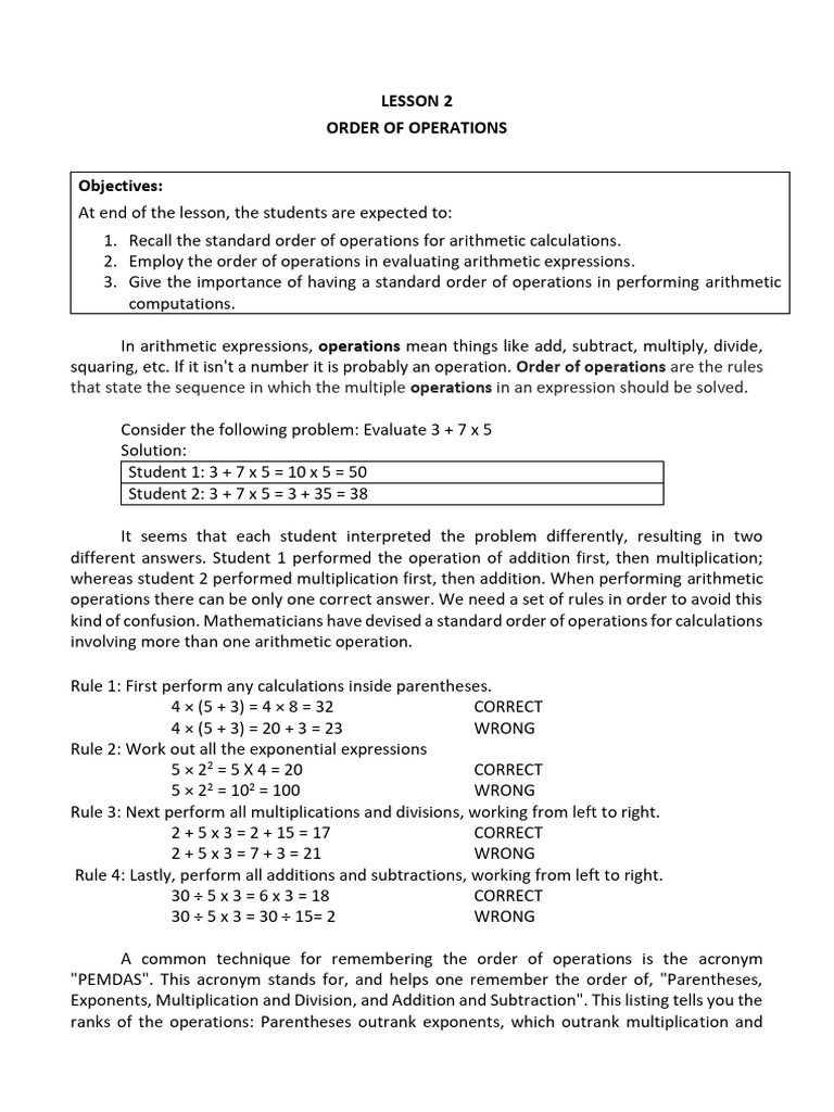 Order of Operations in Arithmetic | PDF | Arithmetic | Elementary ...