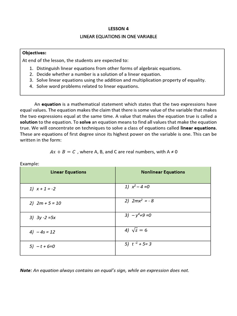 Lesson 4 - Linear Equations in One Variable | PDF | Equations ...