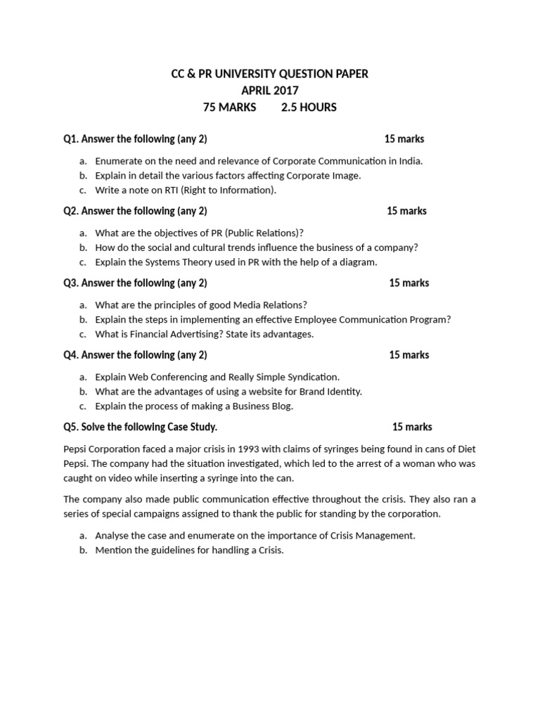 CC & PR University Question Papers | PDF | Public Relations | Mass Media