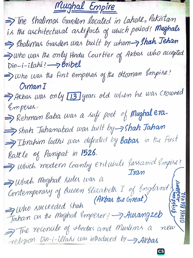 Mughal Empire Most Important Notes For All One Paper Exams | PDF
