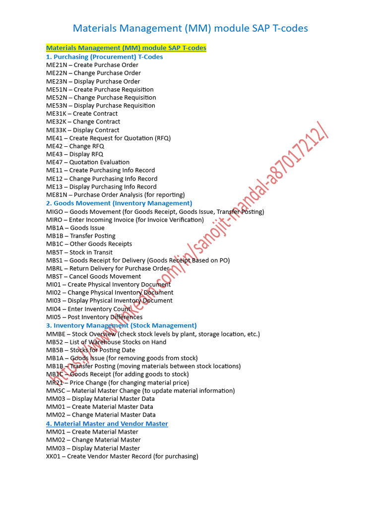 SAP Material Mangement Common T Codes | PDF | Receipt | Inventory