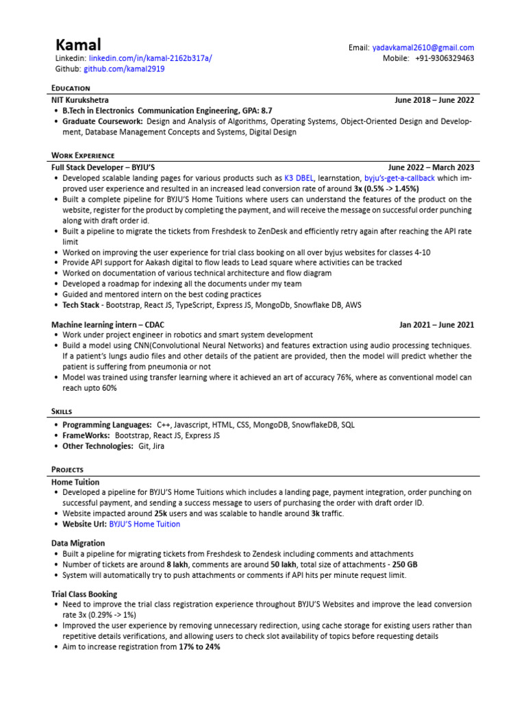 Full Stack Developer Resume - Kamal Yadav | PDF | Websites | Computing