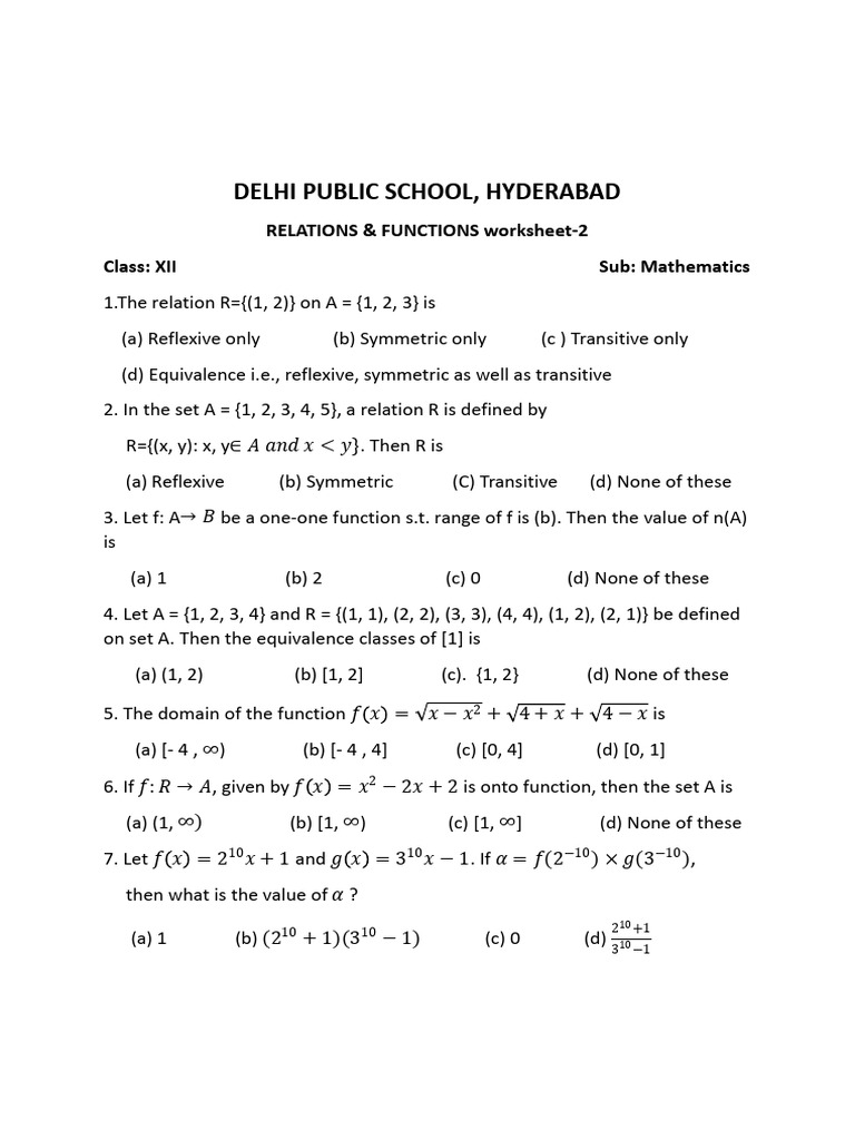 Delhi Public School Math Worksheet on Relations | PDF | Functions And ...