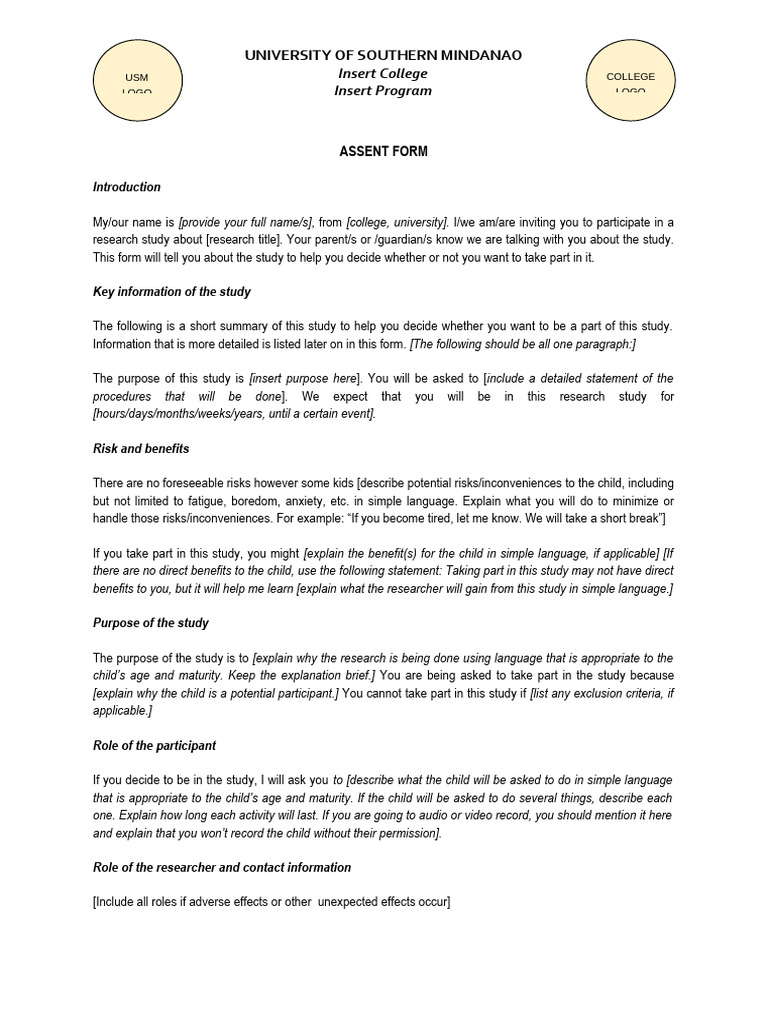 ASSENT Form Respondents Aged 17 and Below | PDF