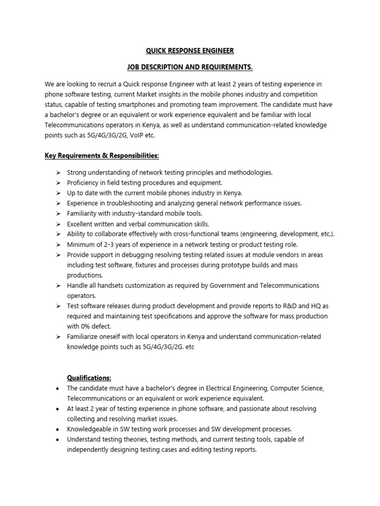 Quick Response Engineer Job Opening | PDF | Telephone | Mobile Phones