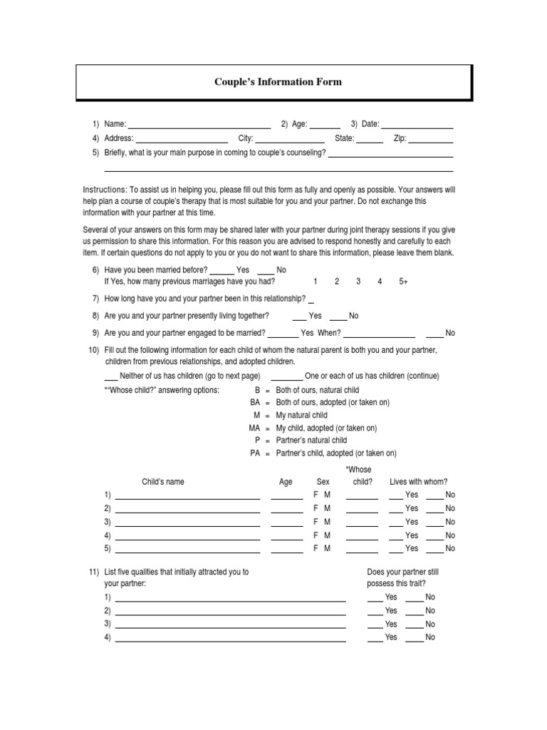 Couples Therapy Intake Form | PDF | Marriage | Behavioural Sciences