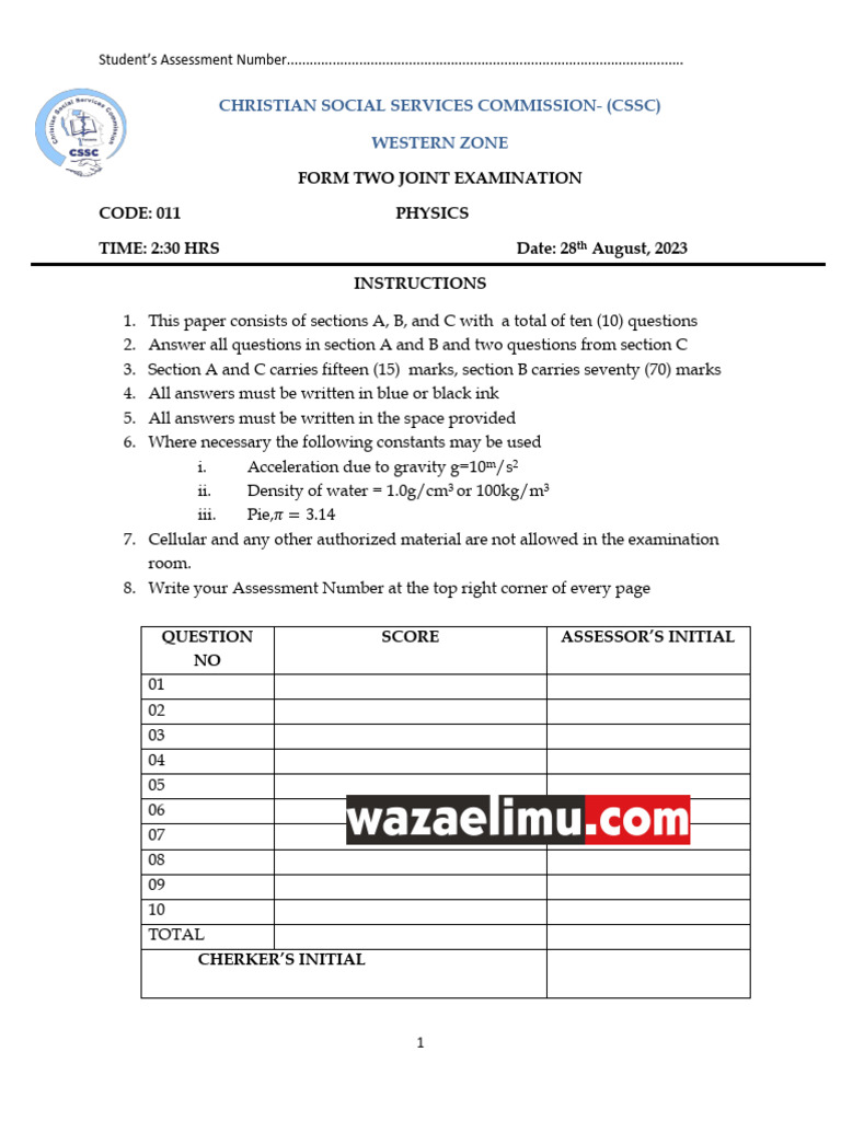Form Two Physics Joint Examination 2023 | PDF | Pressure | Physical ...