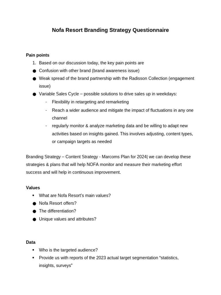 Nofa Resort Branding Strategy Questionnaire - 19 - 02 - 2024 - Edit | PDF