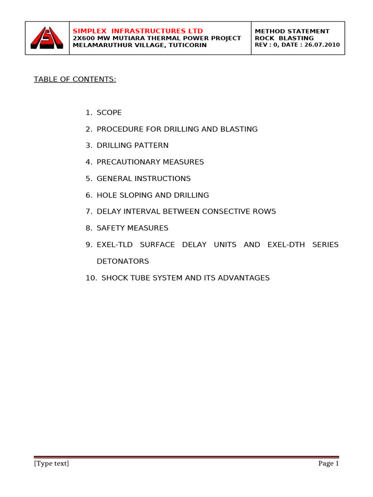 Rock Blasting Method Statement for Thermal Project | PDF