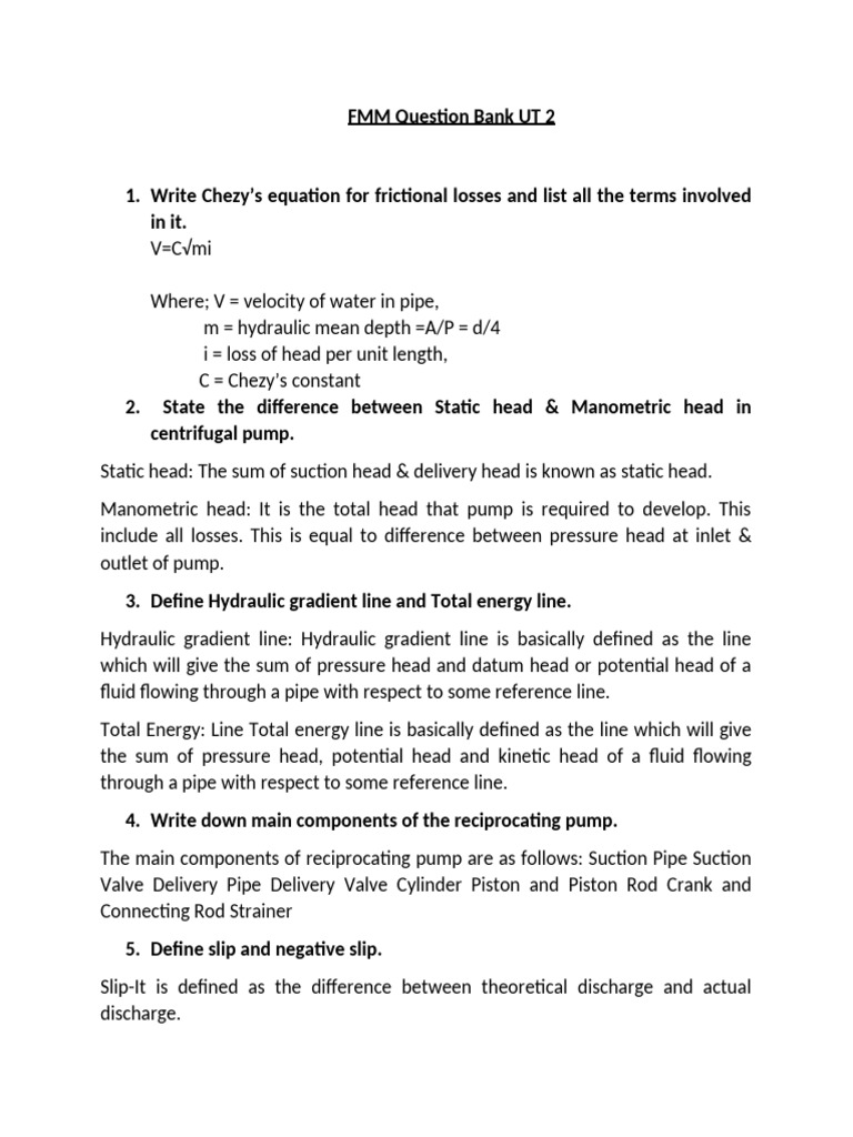 Fluid Mechanics and Machinery Unit Test Question Paper | PDF | Pump ...
