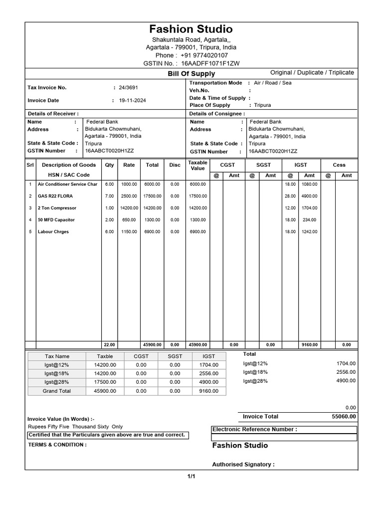 FEDRAL BANK BILL | PDF | Sales | Economy Of India