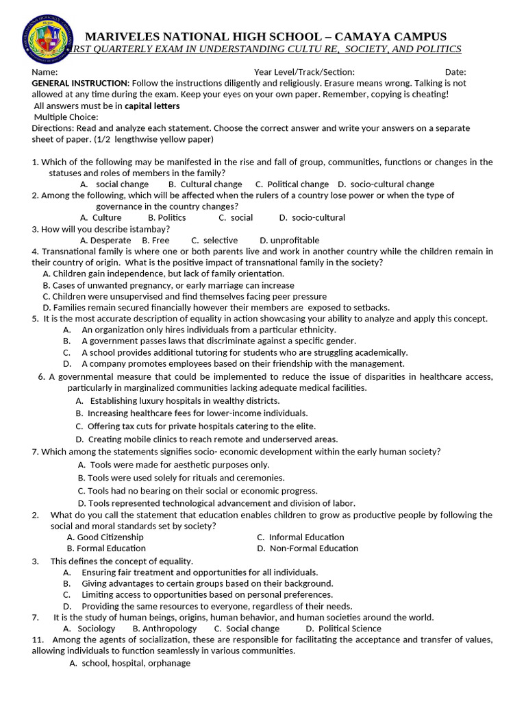 1st Q Test In Ucsp 2024 Pdf Homo Society