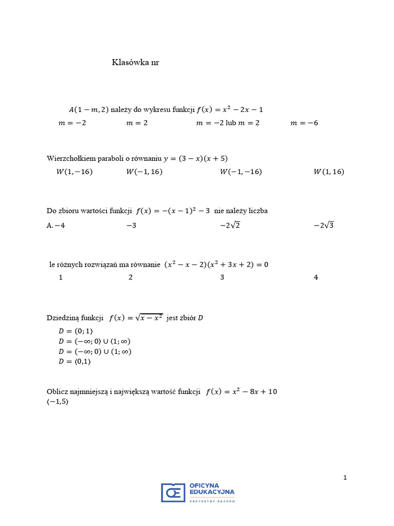 2019 4 Klasowka Kl2 Kwadratowa ZP Ab Wer4 | PDF