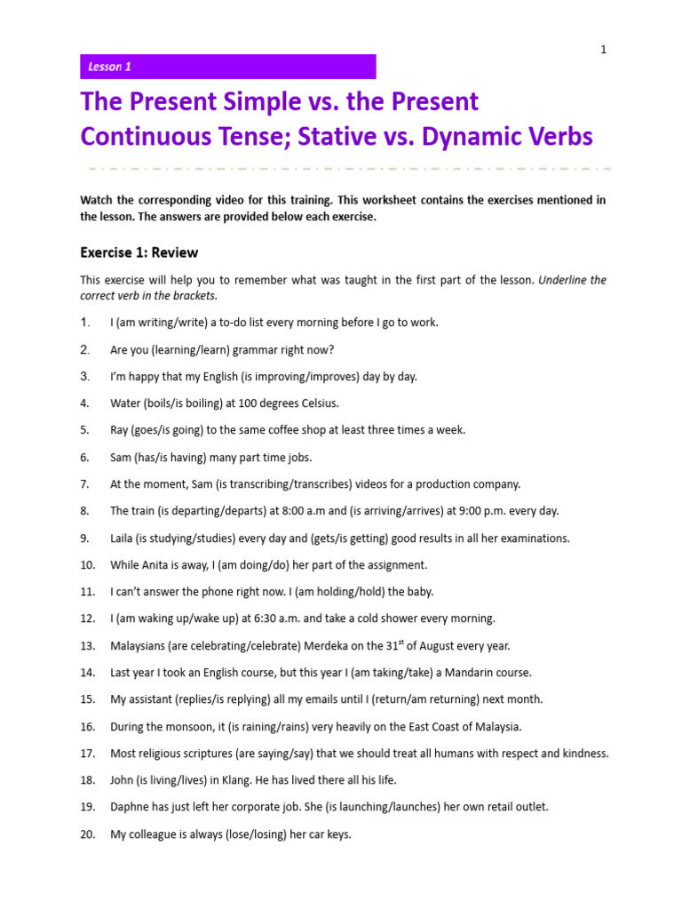 Worksheet Lesson 1 The Pesent Simple vs. The Present Continuous Tense ...