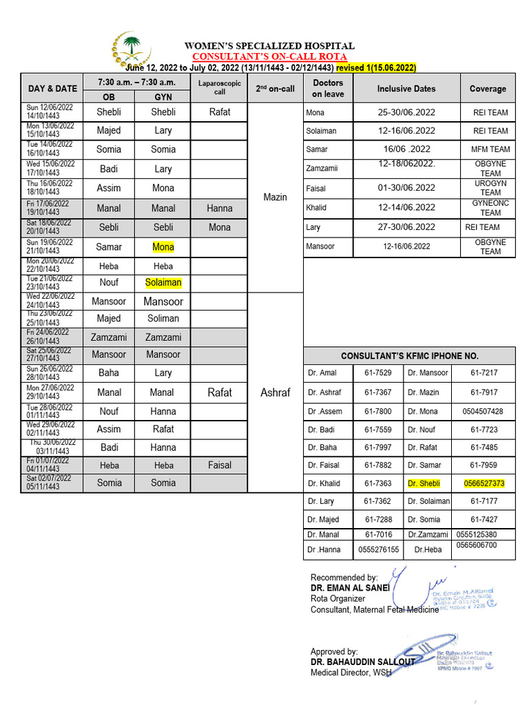 WSH Consultant's Rota June 12 2022 to July 02 2022 | PDF