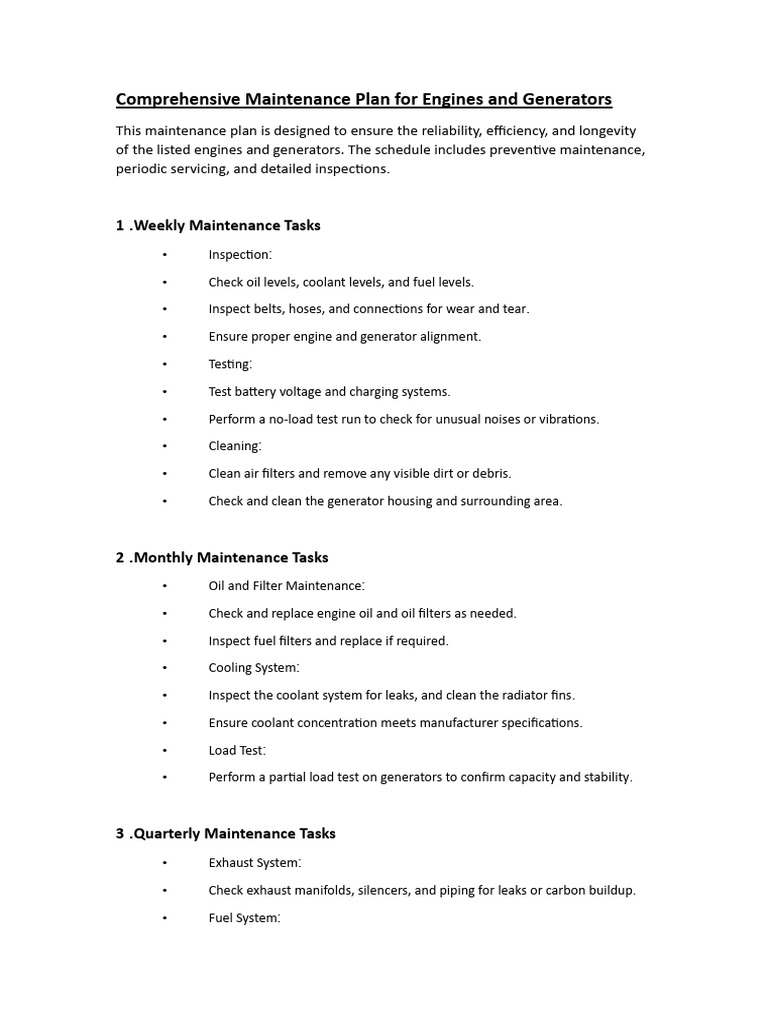 Engine and Generator Maintenance Plan | PDF | Engines | Diesel Engine