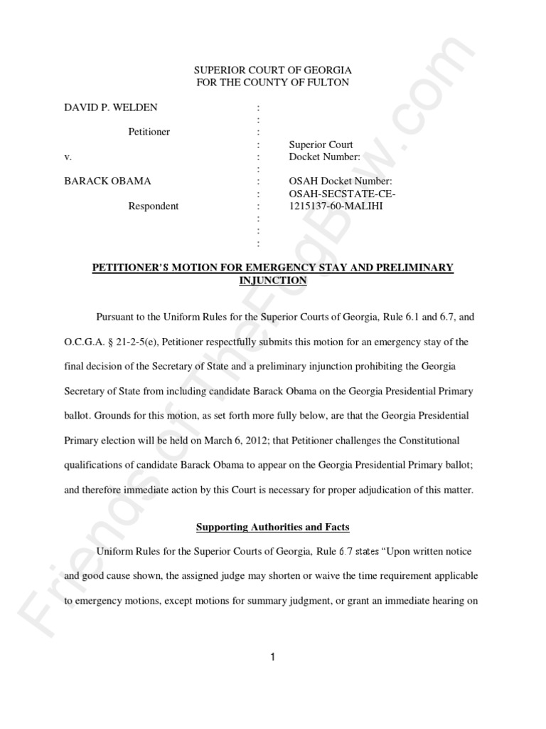 2012-02-14 - WELDEN - Motion For Emergency Stay and Preliminary ...
