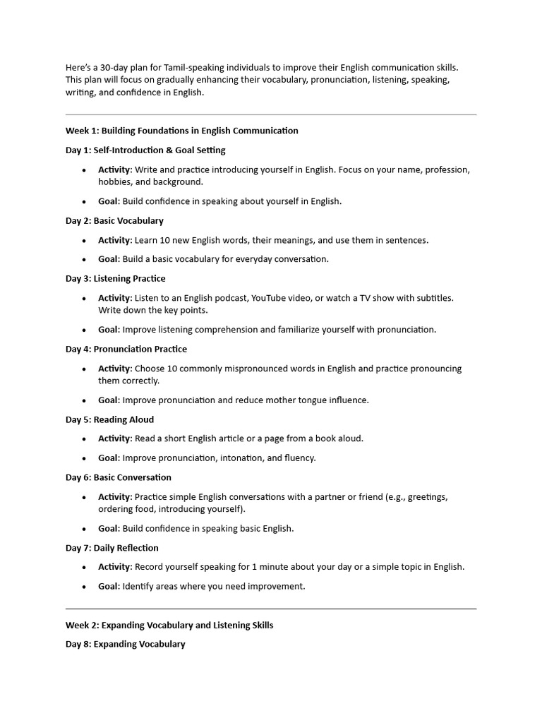30-Day English Skills Improvement Plan | PDF | English Language ...