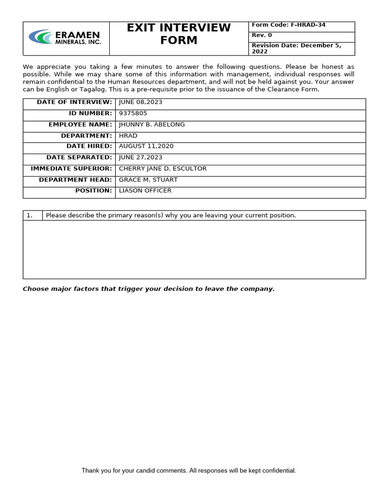 Exit Interview Form for HRAD Department | PDF | Cost Of Living | Salary
