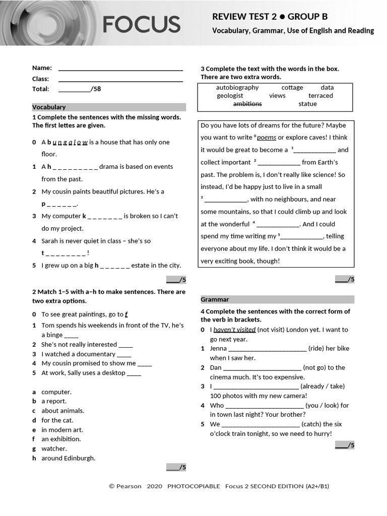 Focus2 2E Review Test 2 Units1 4 Vocabulary Grammar UoE Reading GroupB ...