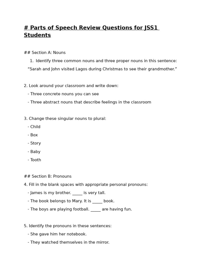Parts of Speech Review for JSS1 Students | PDF | Part Of Speech | Adverb