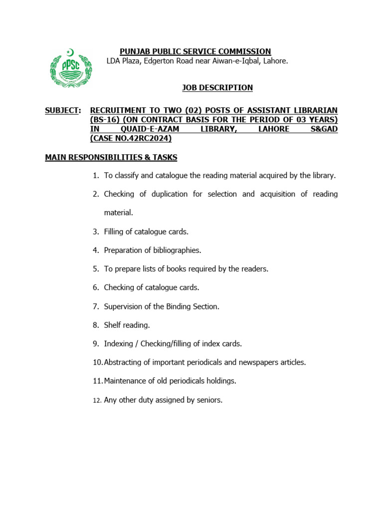 Assistant Librarian Jobs in Lahore | PDF