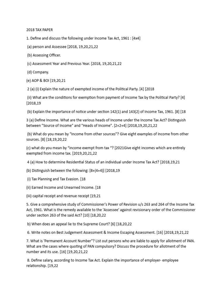 Tax Paper Question Pdf Taxes Income Tax