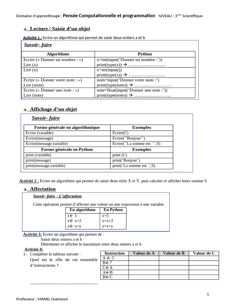 Algorithmes de Saisie et Calculs en Python | PDF | Booléen | Logique ...