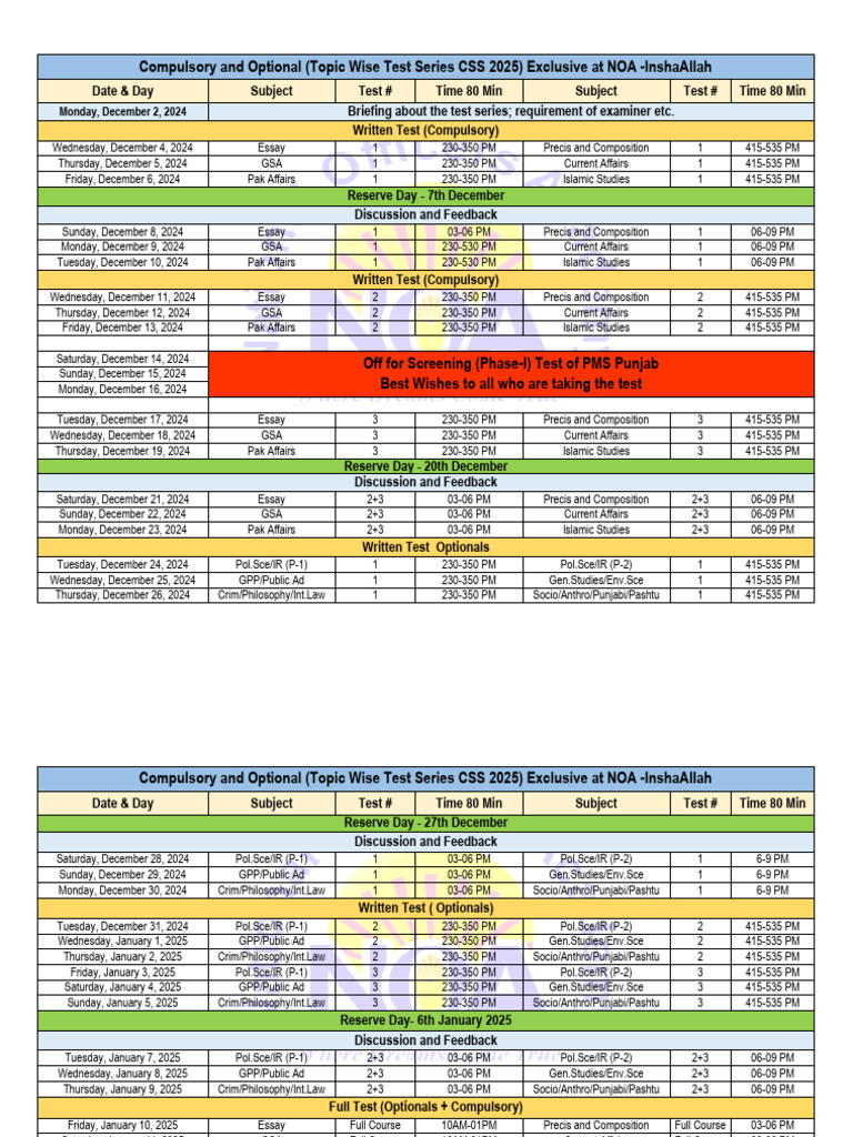 NOA Test Series Schedule for PMS 2025 | PDF | Governance | Sociology