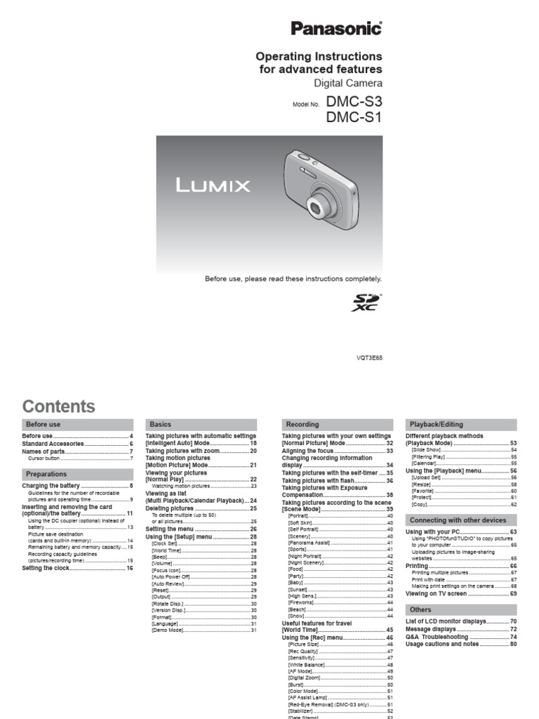 Digital Camera DMC-S3/S1 User Guide | PDF | Battery Charger