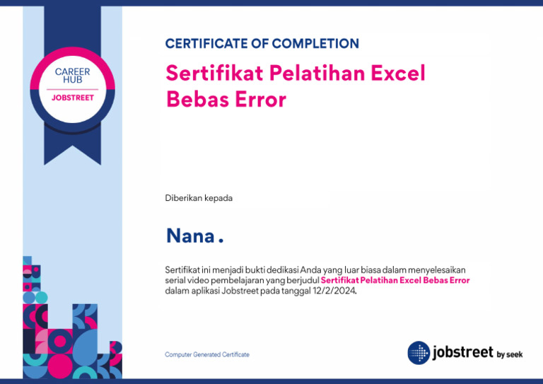 Sertifikat+Pelatihan+Excel+Bebas+Error+-+Nana+. | PDF