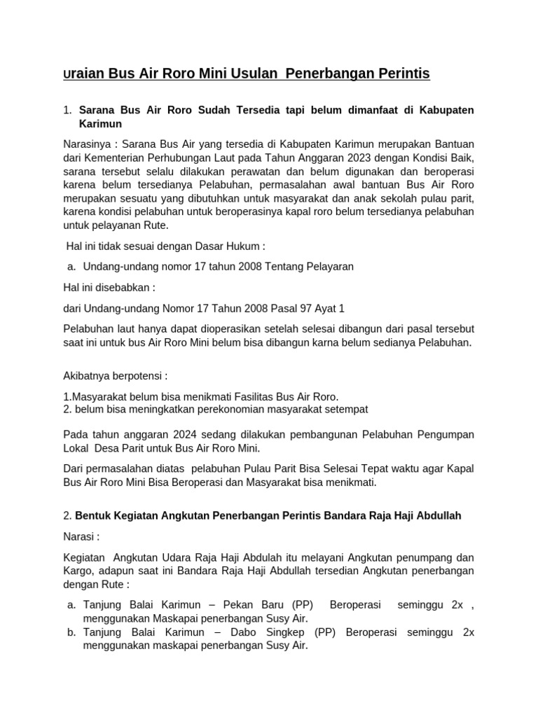 Uraian Bus Air Roro Mini Usulan Penerbangan Perintis | PDF