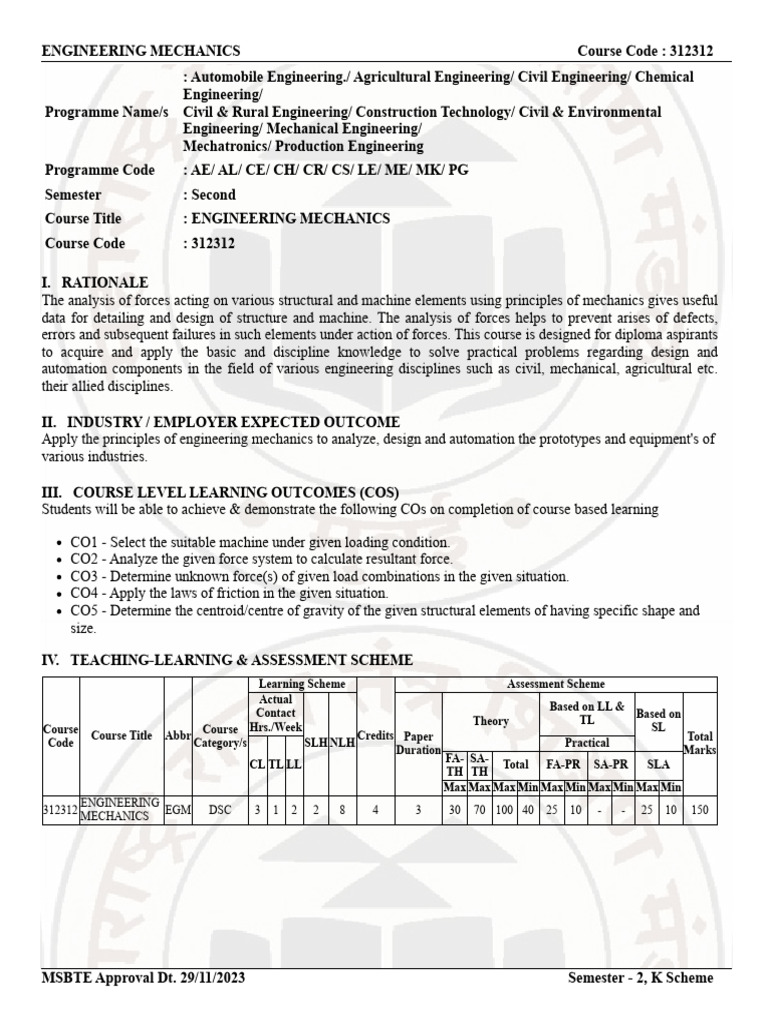 Engineering Mechanics Course Overview | PDF | Force | Machines