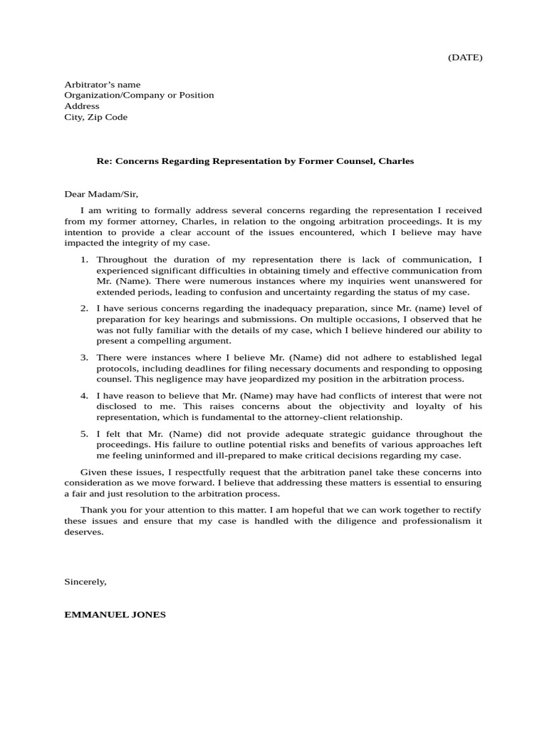 Draft Letter To Arbitrator's | PDF | Justice | Crime & Violence