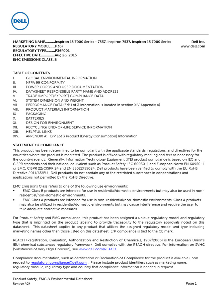 Dell Inspiron 15 7000, p36f, p36f001, Dell Regulatory and Environmental ...