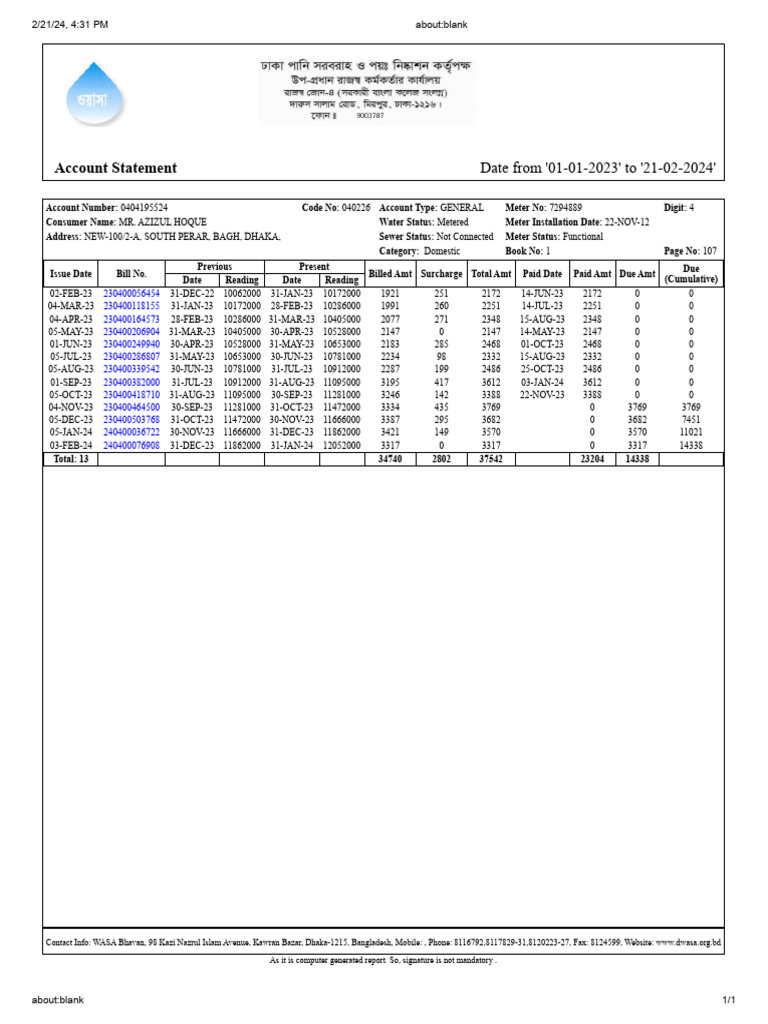 Wasa bill pdf bangladesh