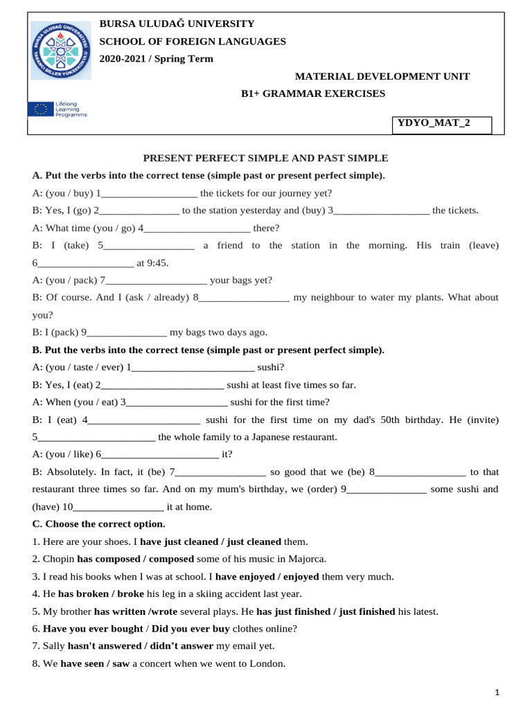 B1+ Grammar Exercises: Past & Present Perfect | PDF | Grammatical Tense ...